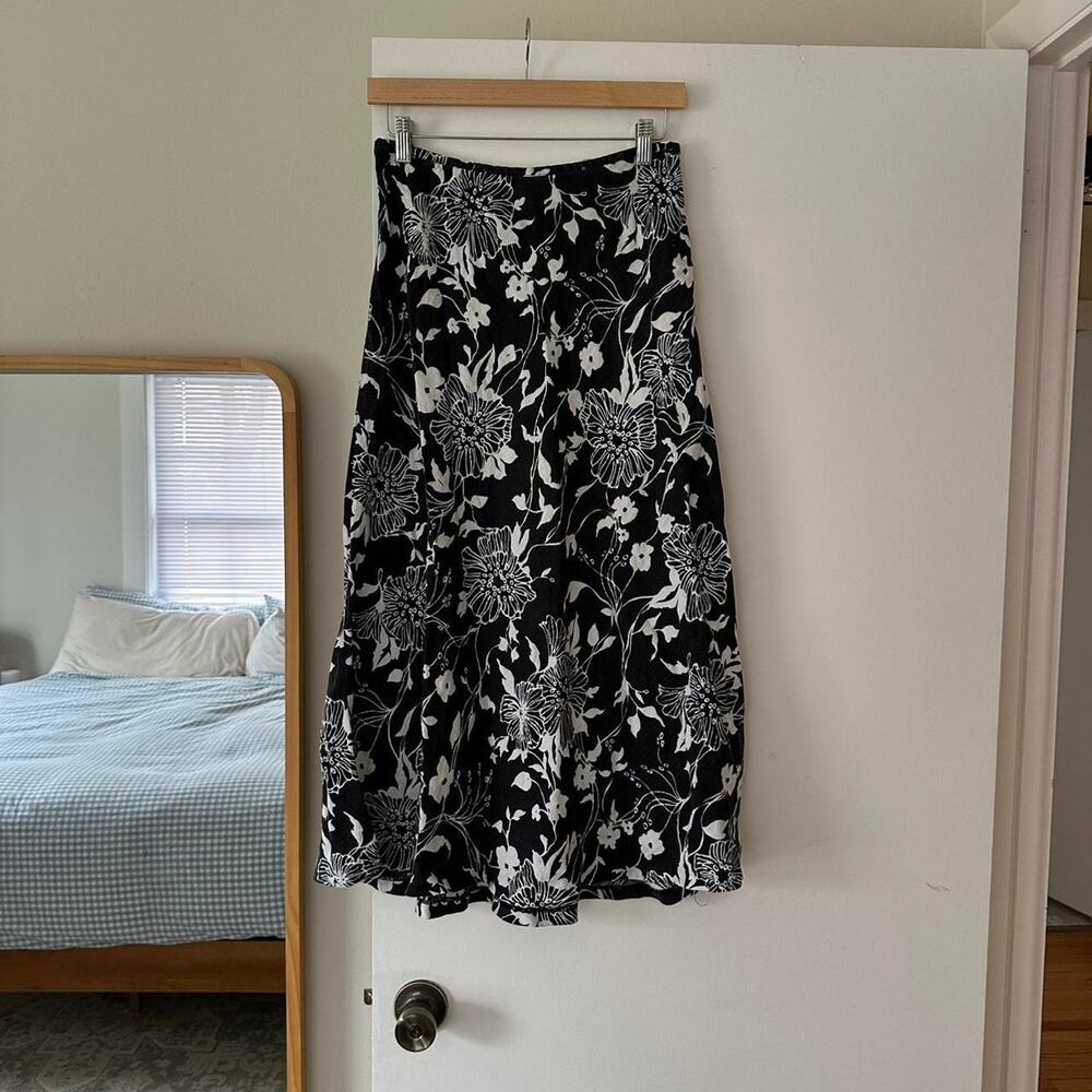 Vintage Floral Black & White Linen‎ Midi Skirt Size 4